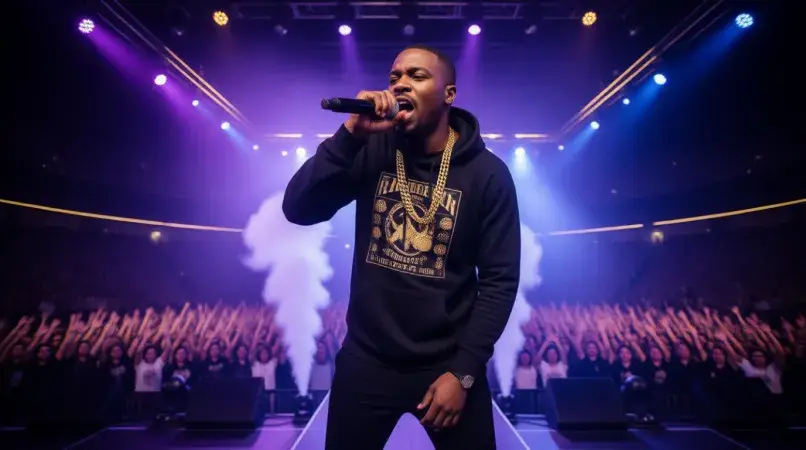 BigXthaPlug performing on stage at hip-hop concert with crowd energy and stage lights