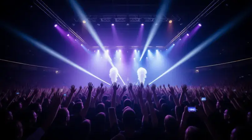 Live hip-hop concert crowd with hands raised and stage lights at BigXthaPlug tour performance