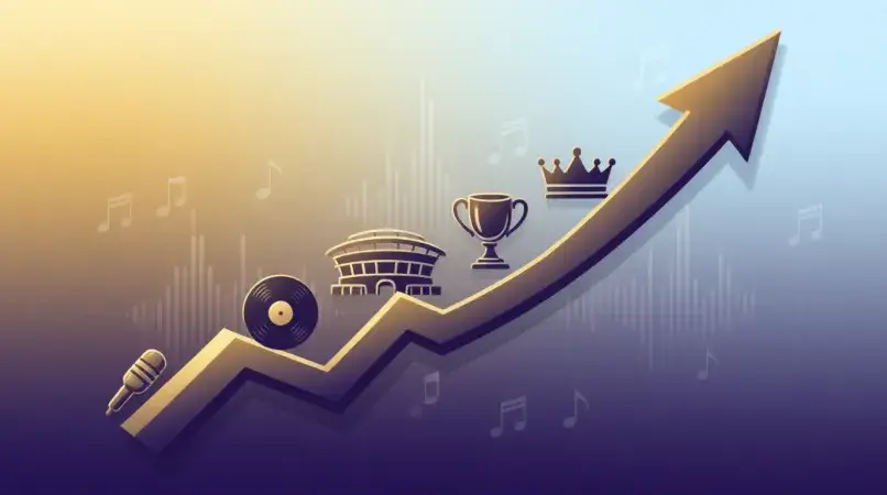 Upward success arrow with music industry growth symbols representing BigXthaPlug career trajectory