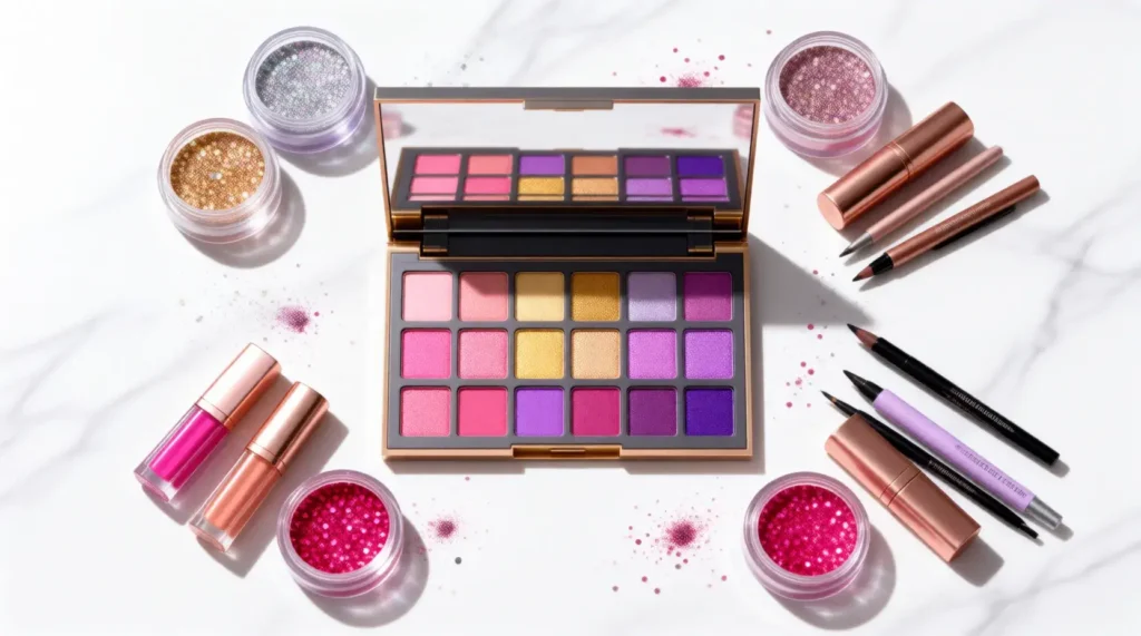 Karizma Beauty makeup products including glitter eyeshadow palettes and lip gloss collection