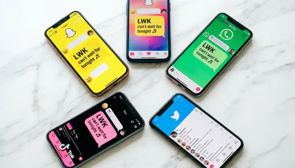 Multiple smartphones showing LWK usage across different social media platforms