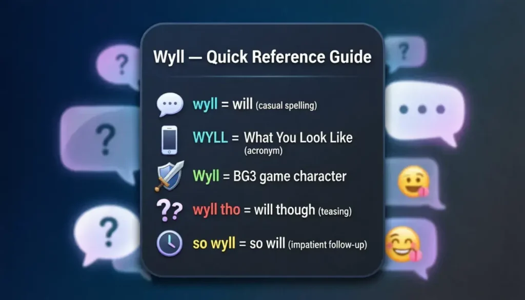 Quick reference summary card for wyll meaning in chat showing all key definitions tone and platform usage tips