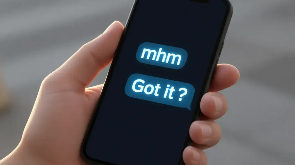 Smartphone screen showing a text conversation with the abbreviation "mhm."