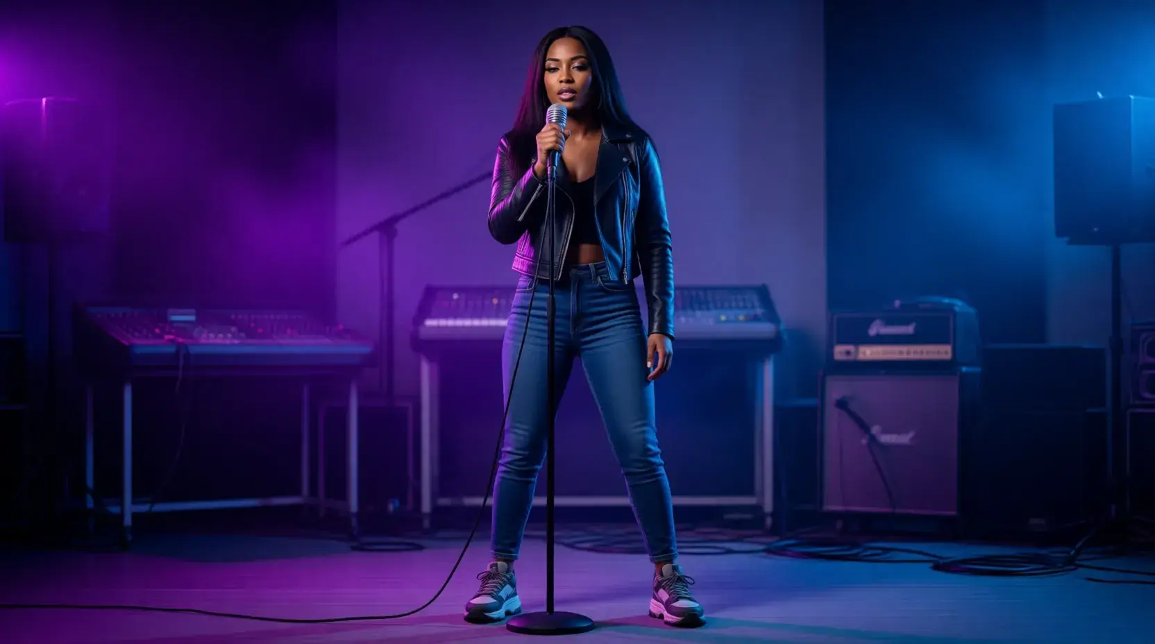 Tesehki age 30 reality TV star musician performing on stage with microphone