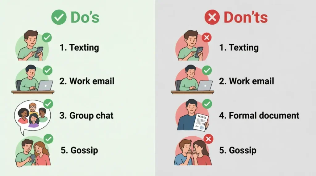 Visual guide showing do's and don'ts of using IMK in texting with checkmarks and X marks