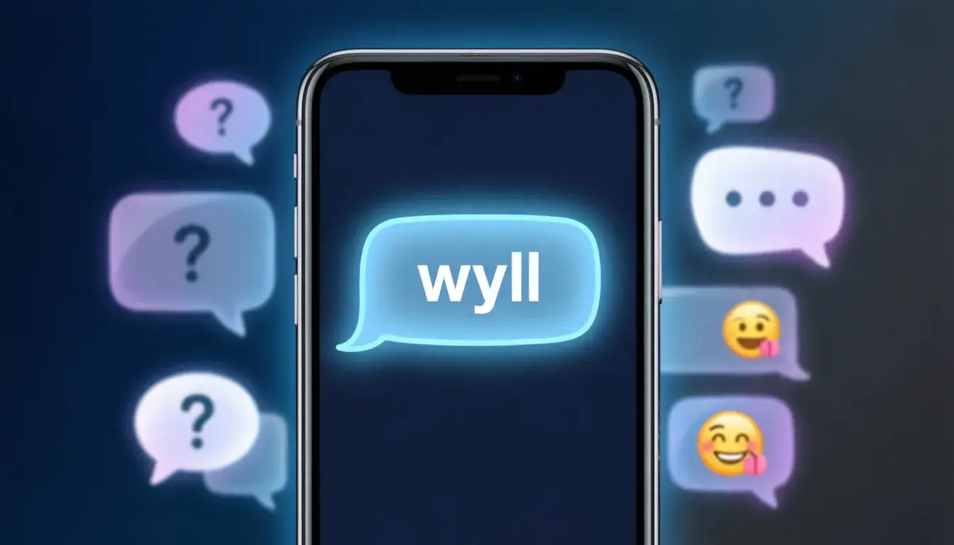 Wyll meaning in chat shown on a glowing smartphone screen with chat bubbles and colorful slang text